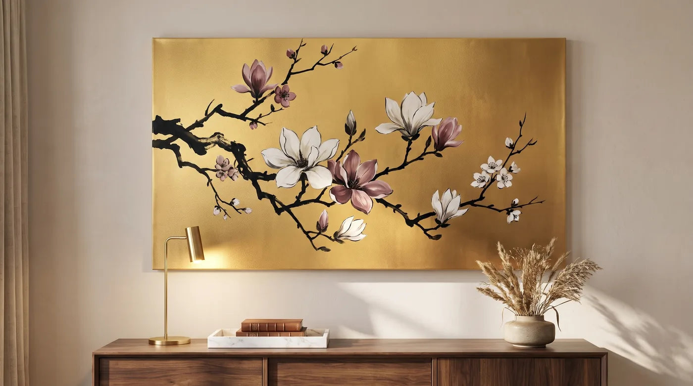 Pânză aurie MIDAS cu ramuri de magnolie pictate manual, agățată deasupra unei comode din living