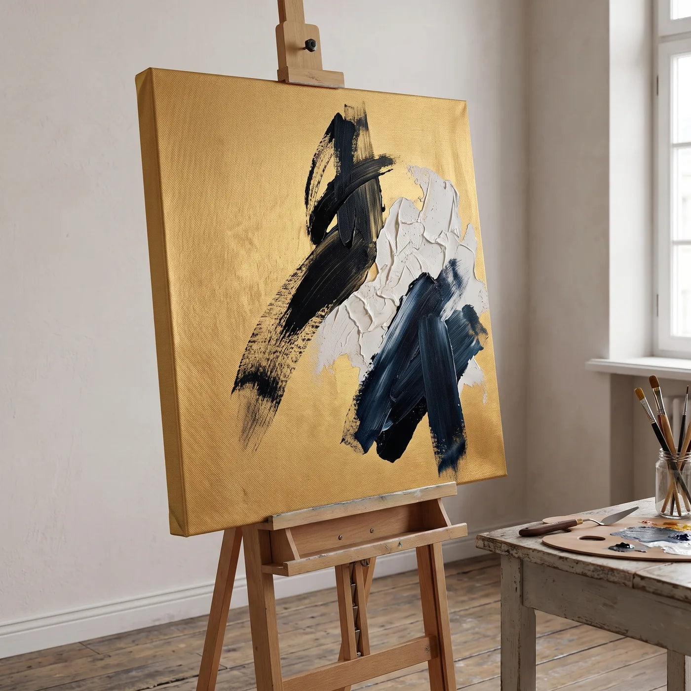 Pânză aurie MIDAS pe șevalet, într-un atelier de pictură