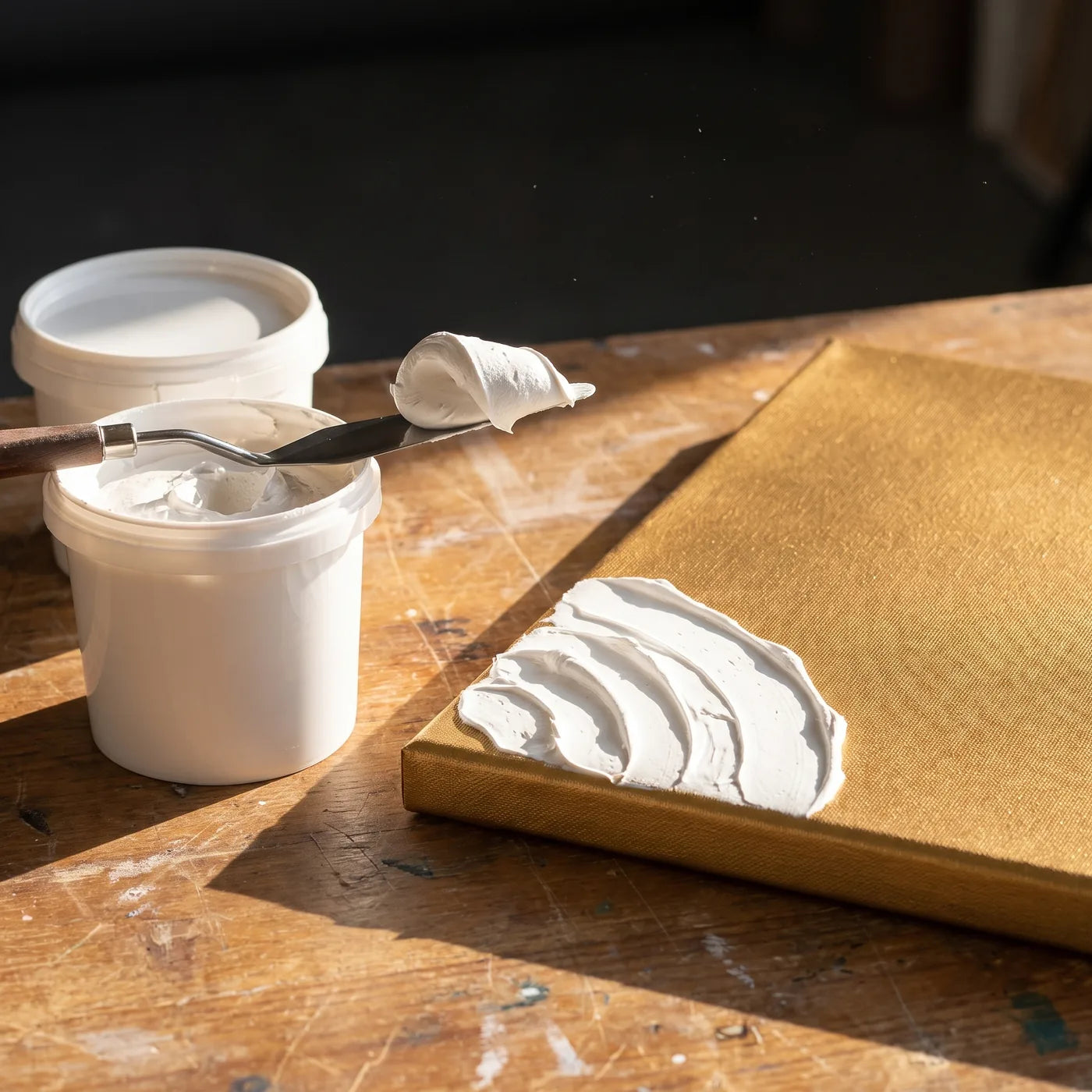 Pastă 3D albă în relief ARTMIE și o spatulă lângă pânza aurie MIDAS