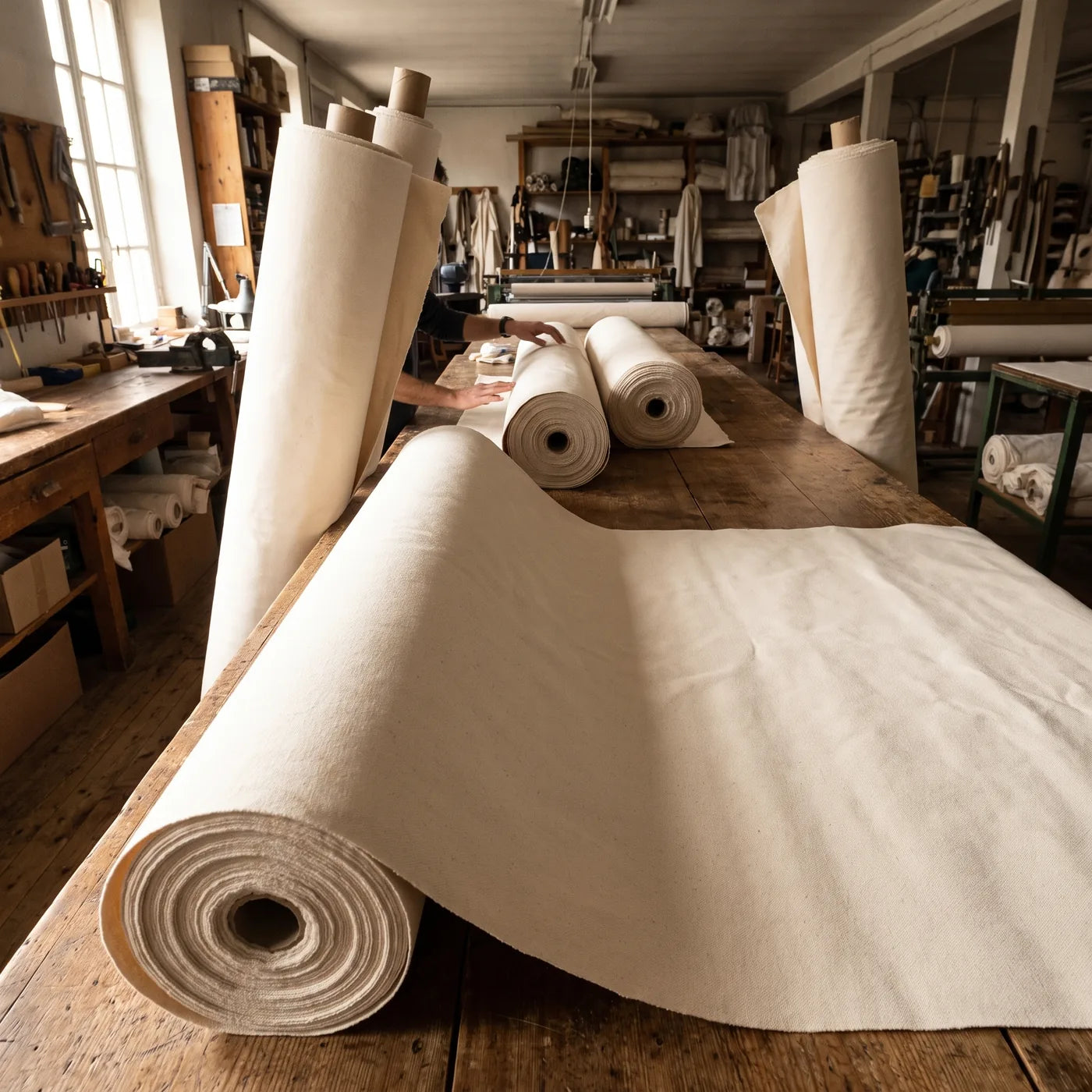 Rulouri de bumbac crud în atelier — materialul pentru pânzele MIDAS