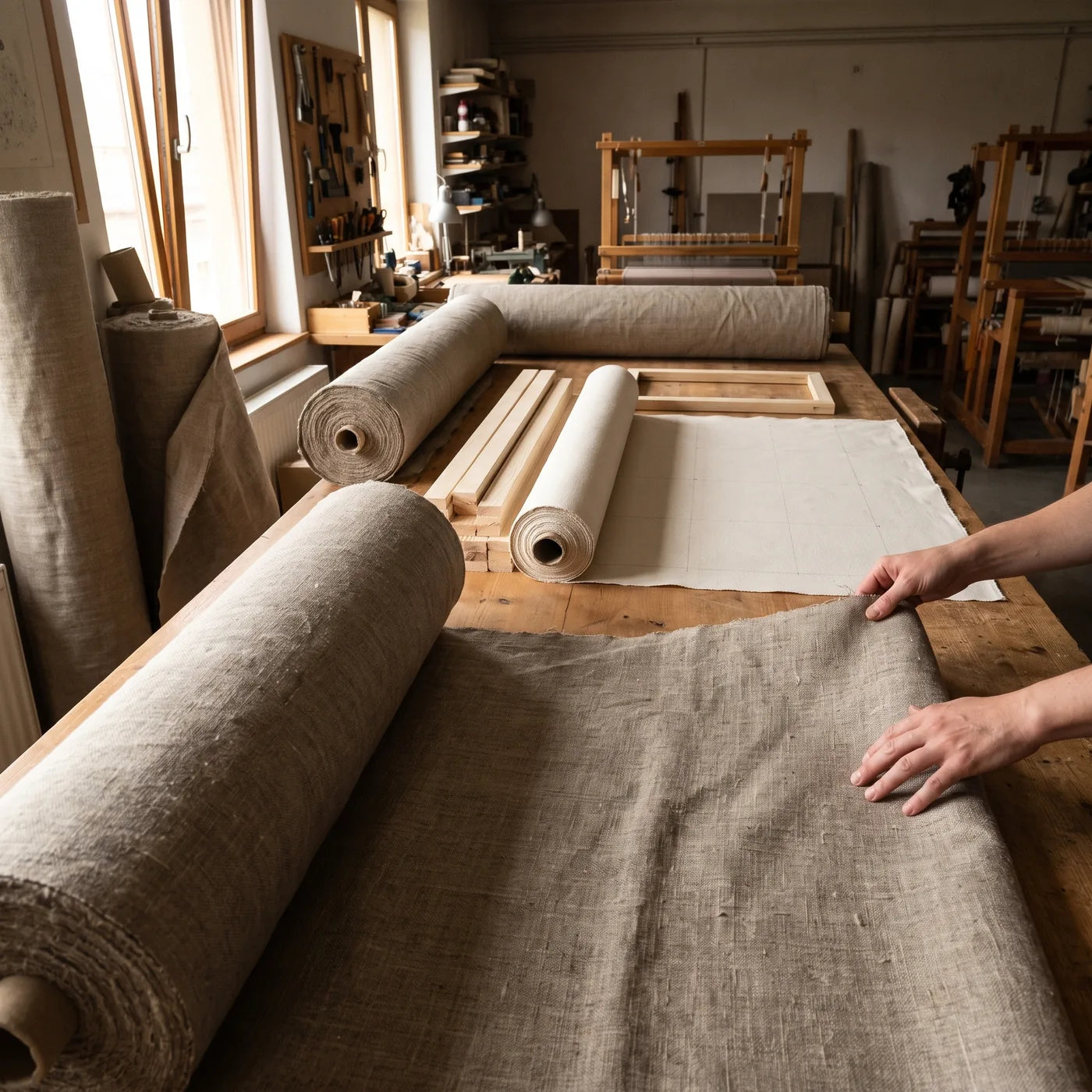 Rulouri de in brut în atelier — materialul pentru pânzele MUSEAL