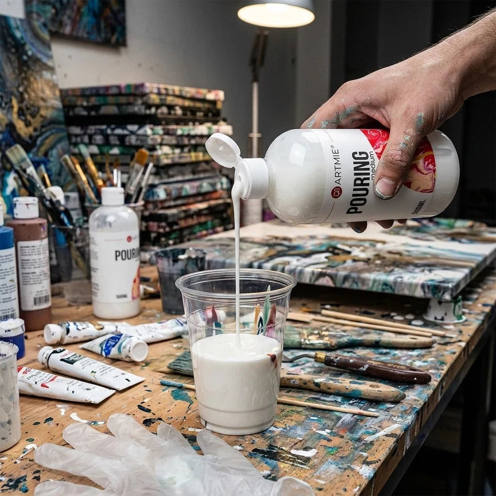Turnarea mediului alb pentru pouring ARTMIE din flaconul de 500 ml în pahar