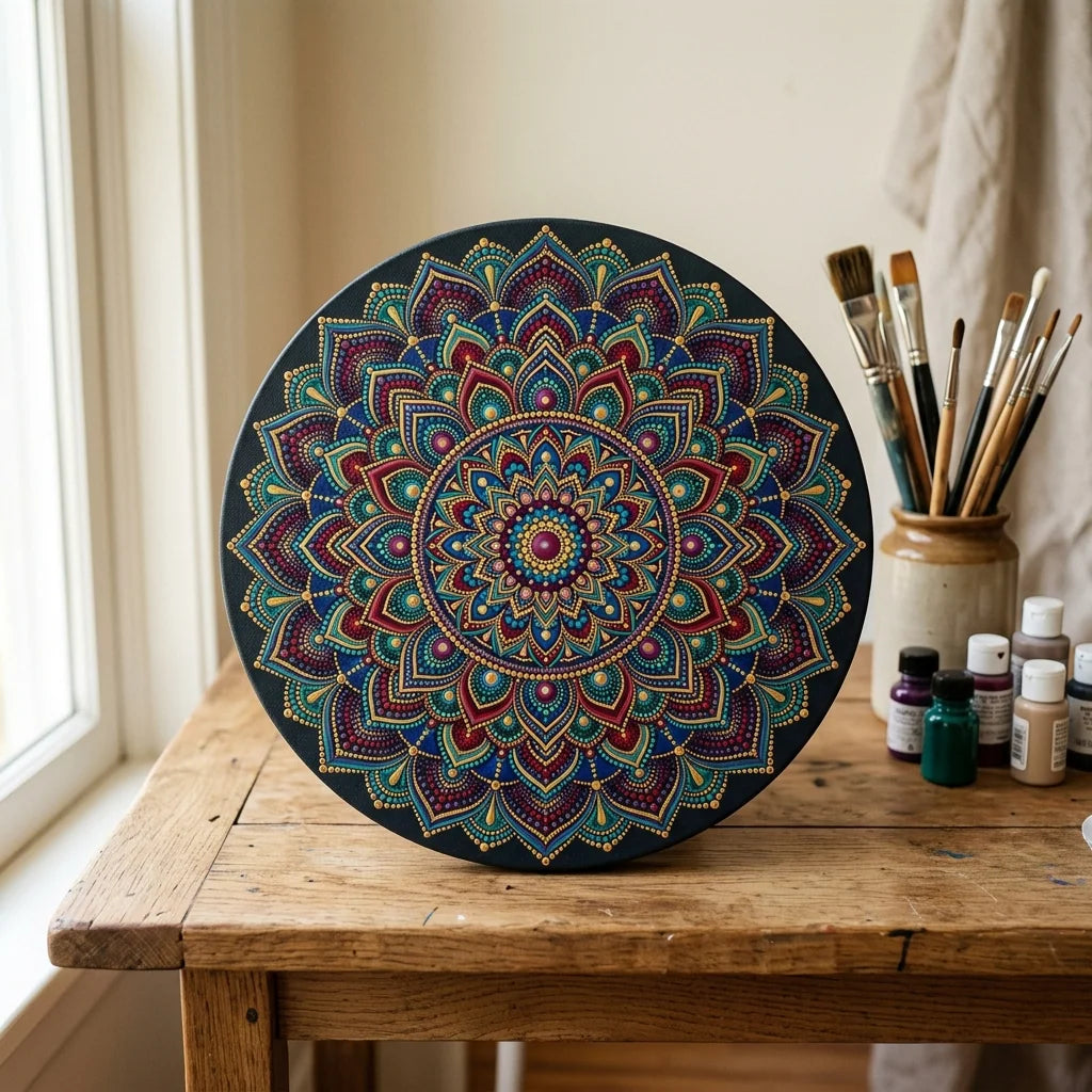 Mandala pictată pe pânză pe șasiu rotundă ARTMIE