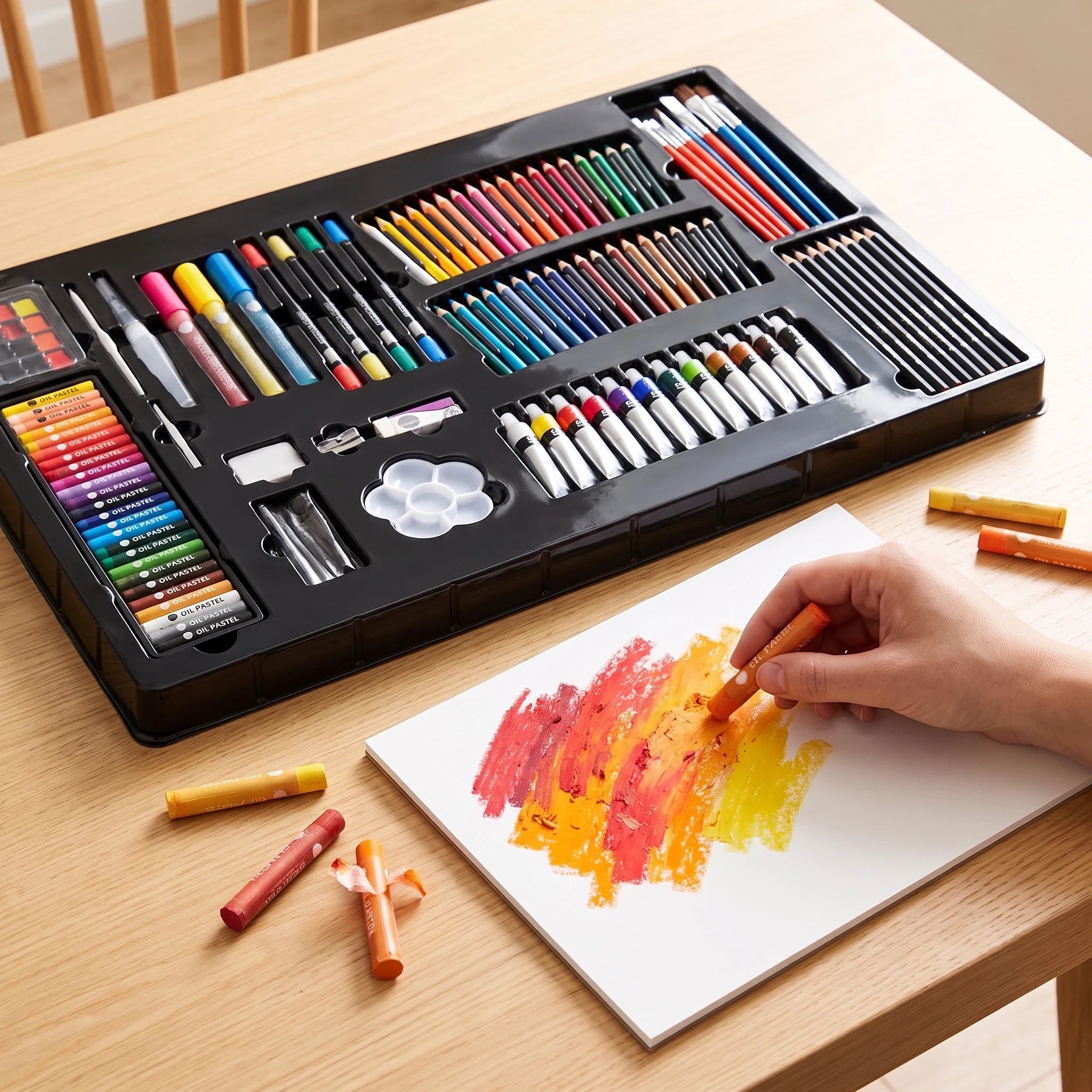 Set de artă Daler-Rowney deschis cu 215 piese și desen cu pasteluri uleioase