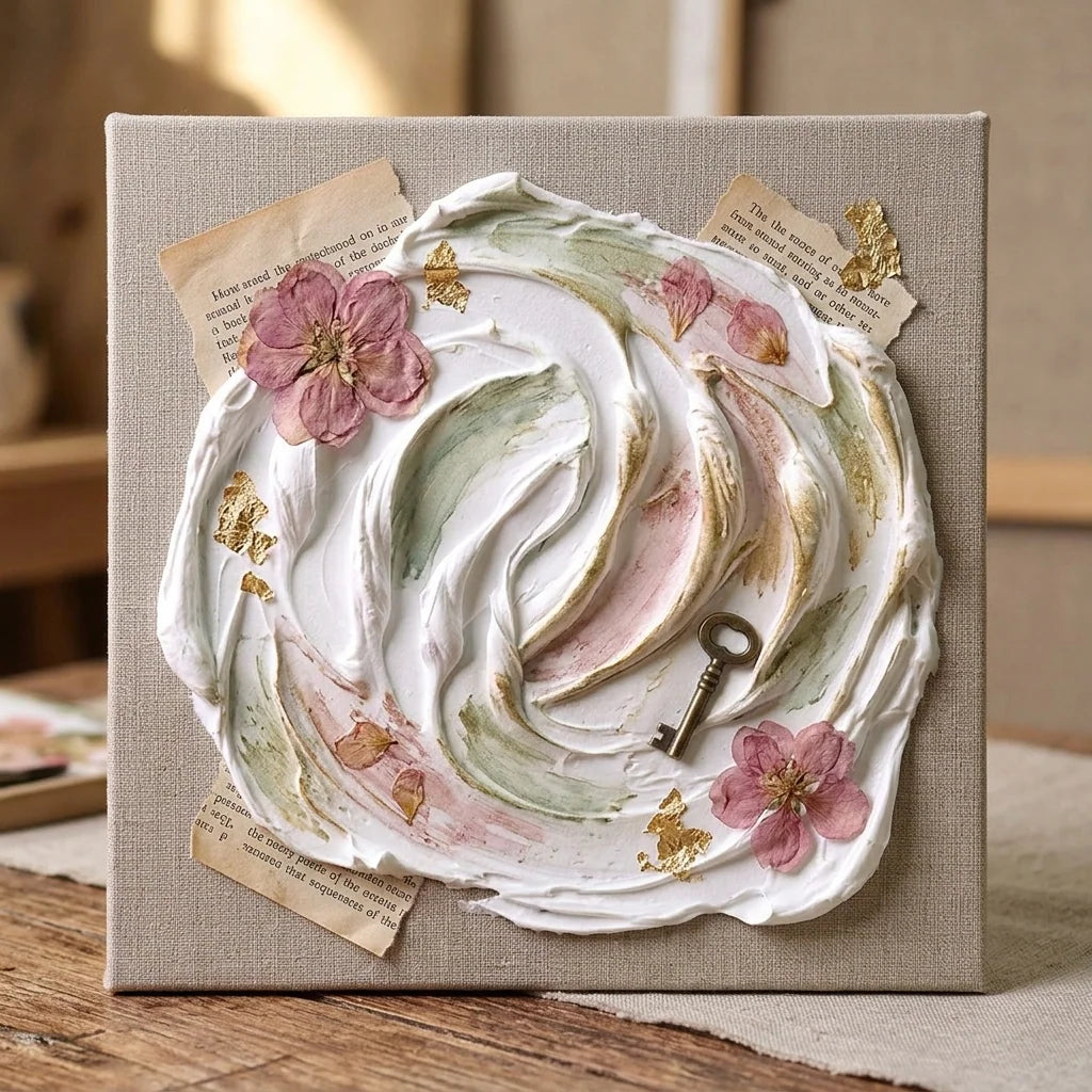 Colaj mixed media cu pastă Butter — flori uscate, hârtie vintage, cheie din alamă