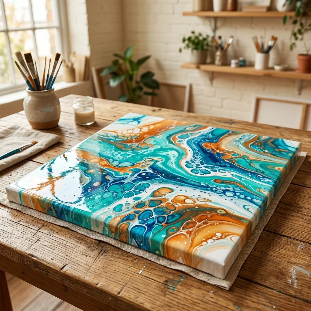 Tabloul fluid art se usucă pe o suprafață plană
